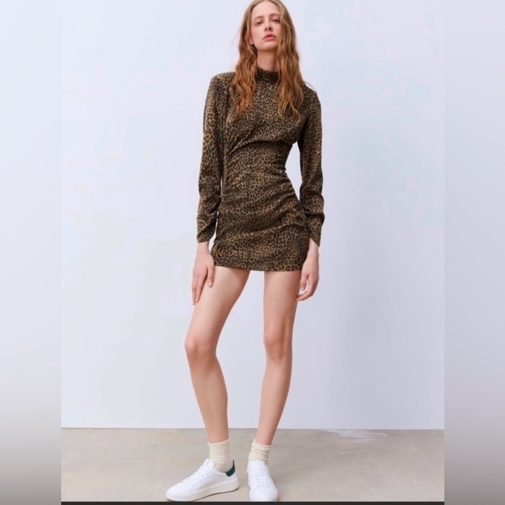 NWT Zara Corduroy Leopard Print Ruched Dress